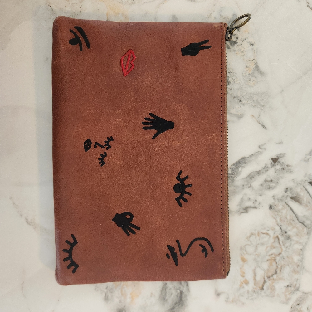 Madewell Brown Leather Clutch with Artistic Design